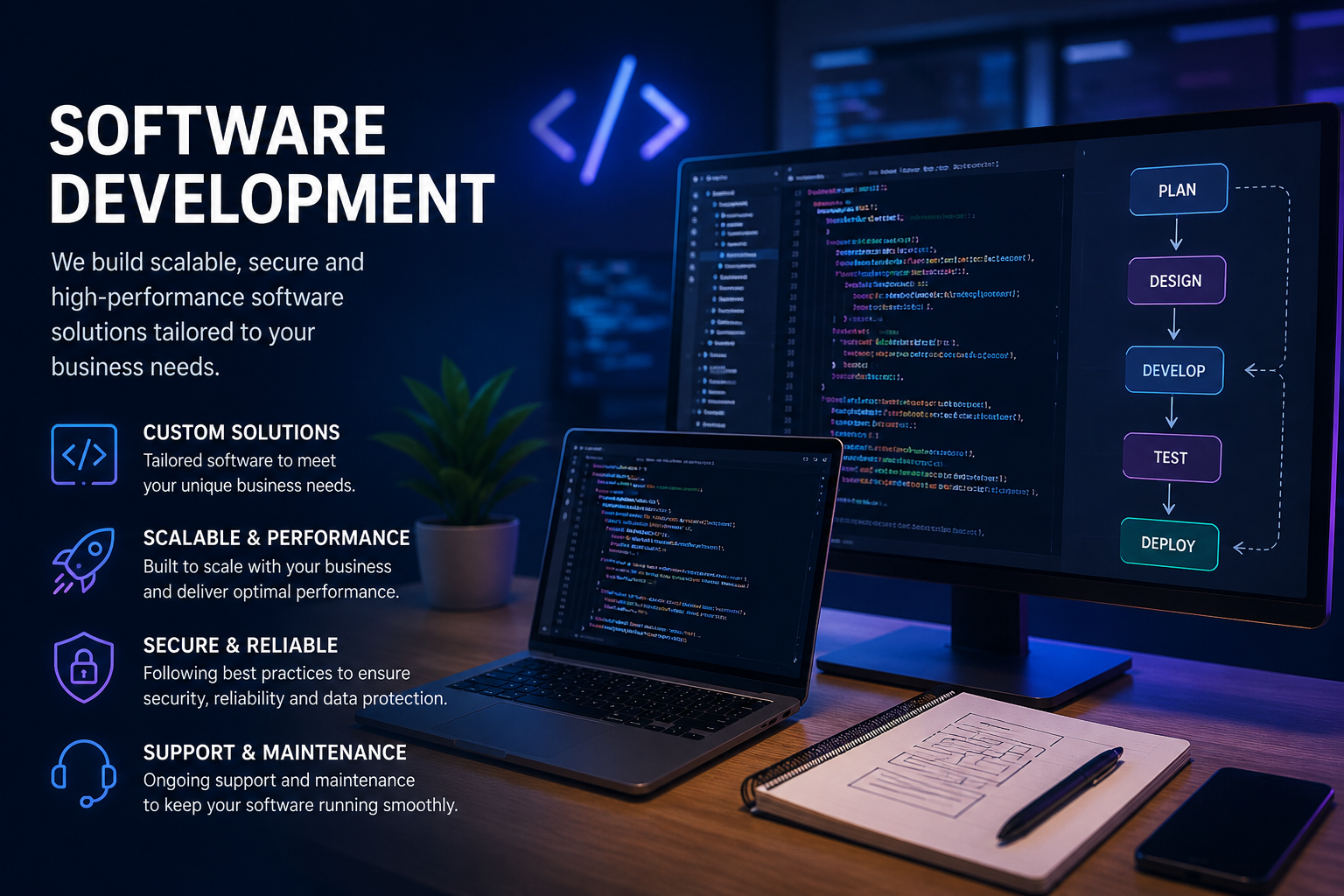 Promotional banner for software development showing goals and a flow diagram: Plan, Design, Develop, Test, Deploy on a monitor on the right.